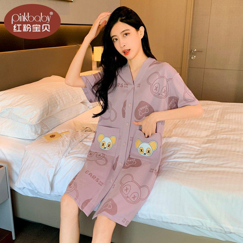 睡裙女款夏季纯棉短袖甜美可爱卡通睡衣女夏天薄款开衫全棉家居服