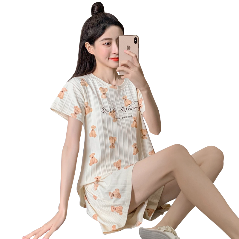 睡衣女夏季短袖短裤两件套纯棉小熊甜美可外穿夏天薄款家居服套装