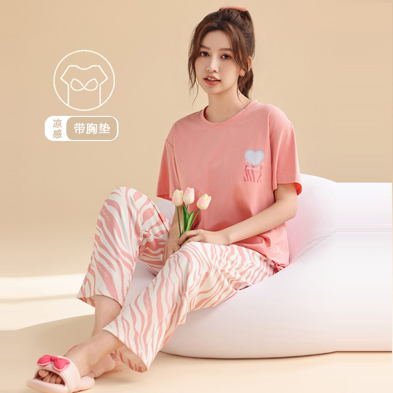 带胸垫夏天睡衣女款2024新款春夏季纯棉可外穿家居服短袖长裤套装