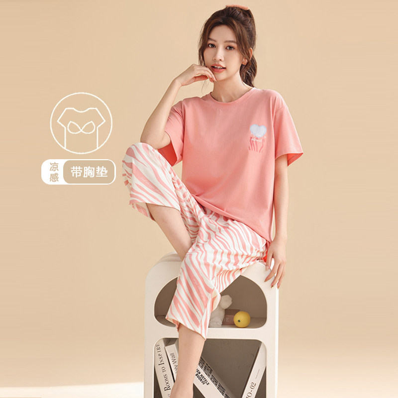 带胸垫睡衣女款夏季纯棉薄款短袖七分裤2024新款可外穿家居服套装