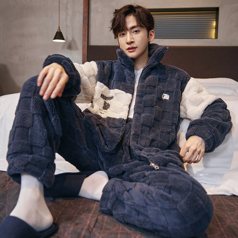 睡衣男款秋冬季珊瑚绒加厚加绒保暖拉链男生冬天法兰绒家居服套装