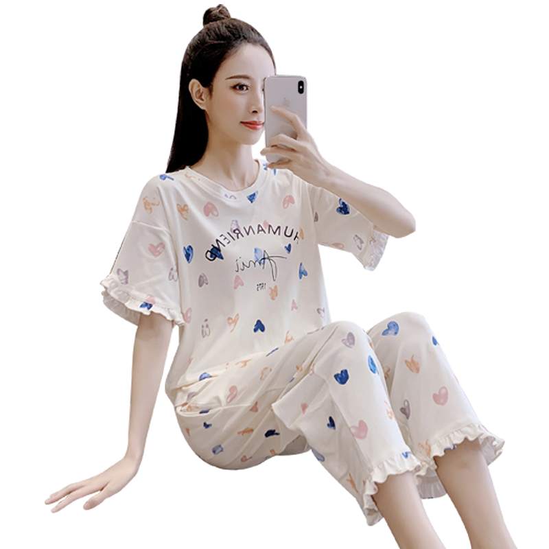 睡衣女夏纯棉宽松薄款短袖七分裤