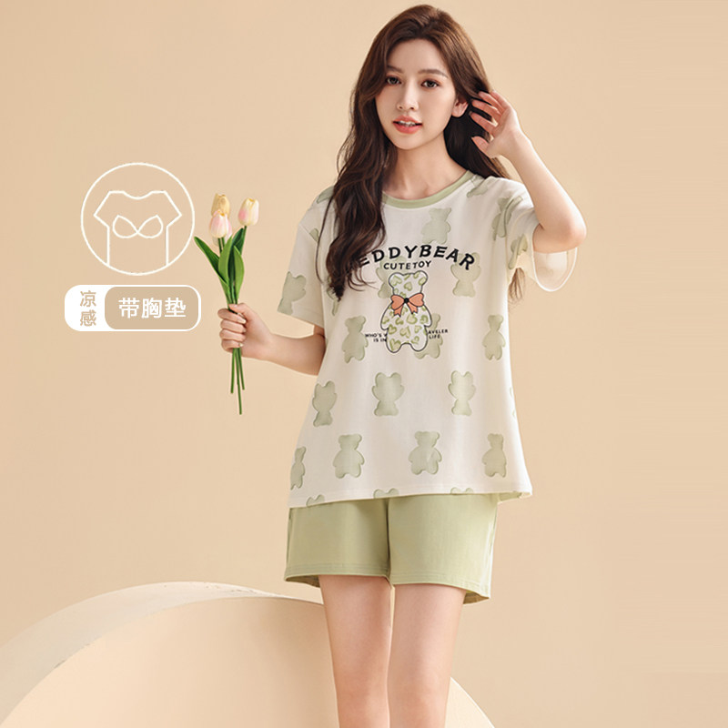 带胸垫凉感睡衣女夏款2024新款纯棉短袖短裤薄款可外穿家居服套装