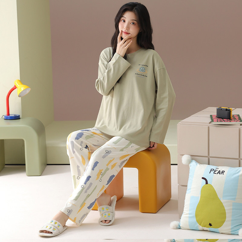 睡衣女士春秋季纯棉长袖长裤圆领2024新款女款可爱家居服套装冬款