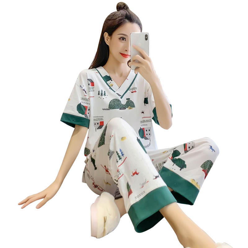 睡衣女夏纯棉短袖七分裤可爱卡通