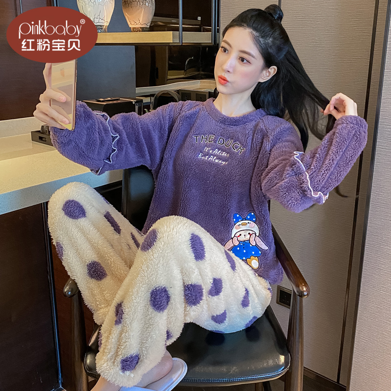 珊瑚绒睡衣女冬可爱卡通少女套装