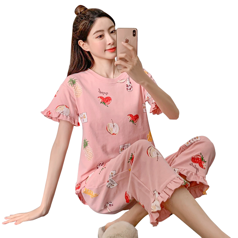 夏季睡衣女纯棉甜美宽松短袖套装