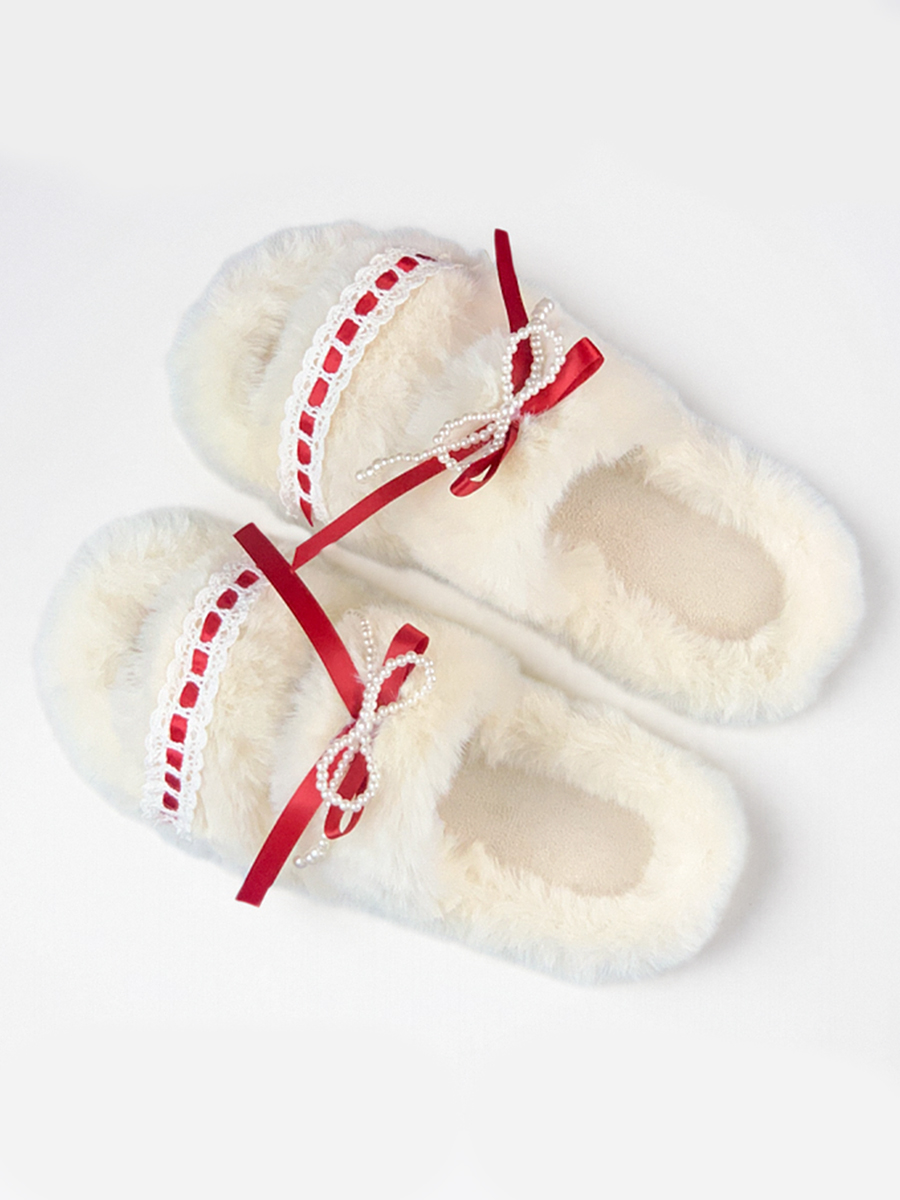 春夏新款女士凉拖鞋米白毛毛红色珍珠蝴蝶结居家舒适地鞋外穿