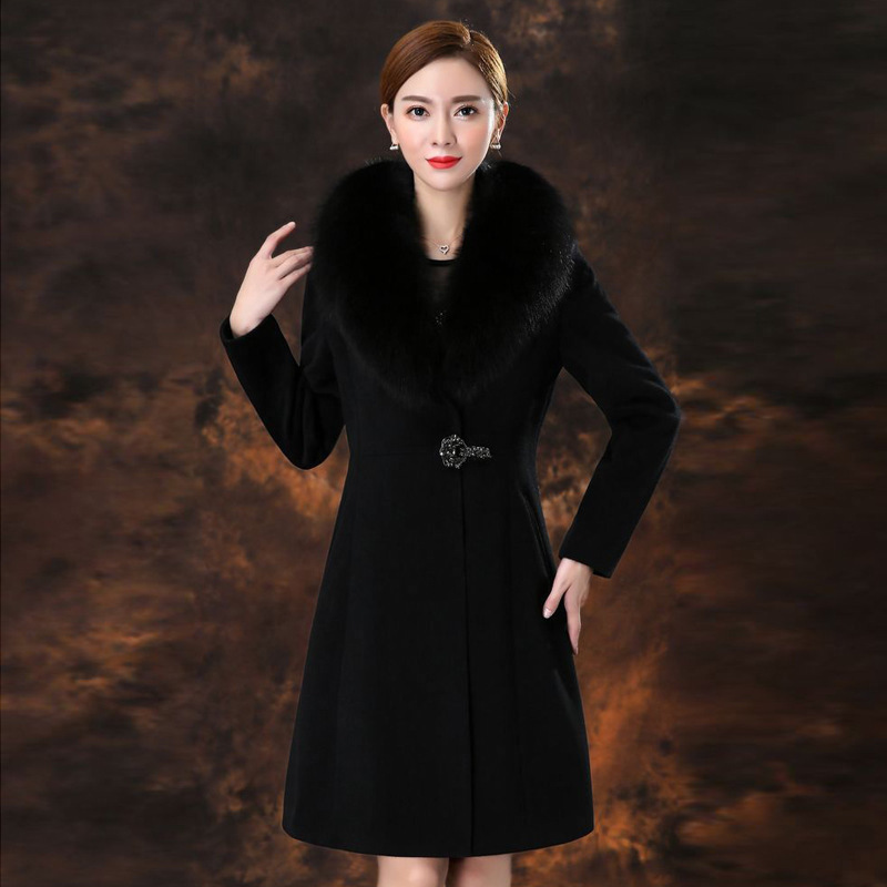 妈妈装秋冬新品真狐狸毛领羊绒大衣女士中长款修身显瘦羊毛呢外套