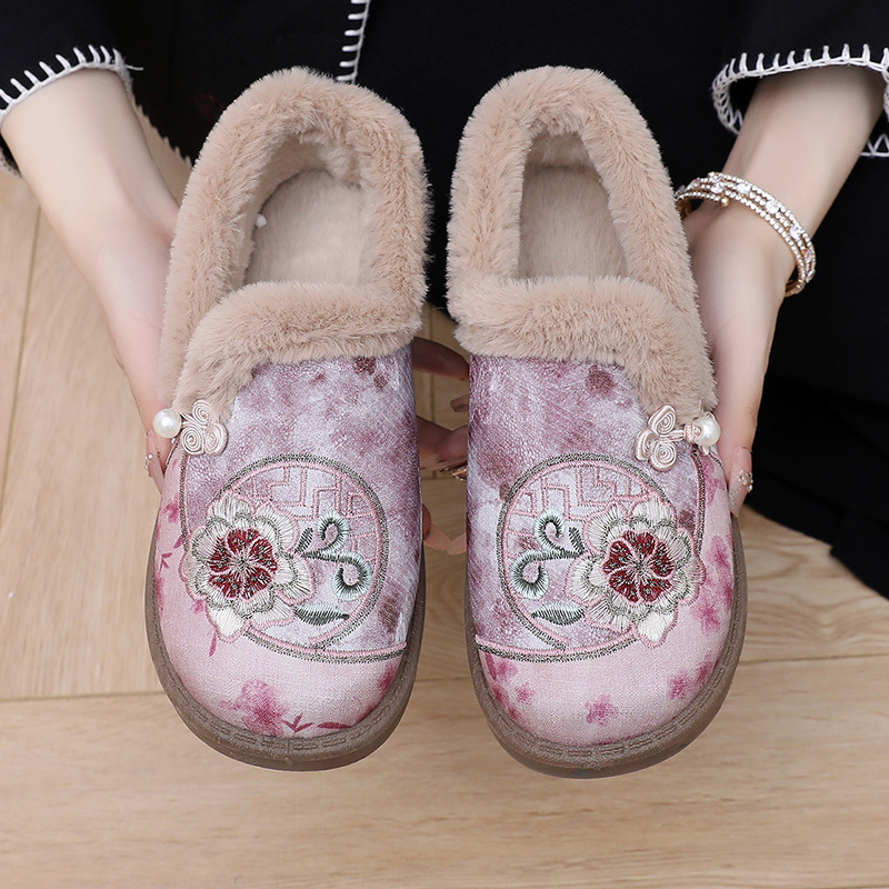 软底妈妈中式绣花棉鞋一脚蹬