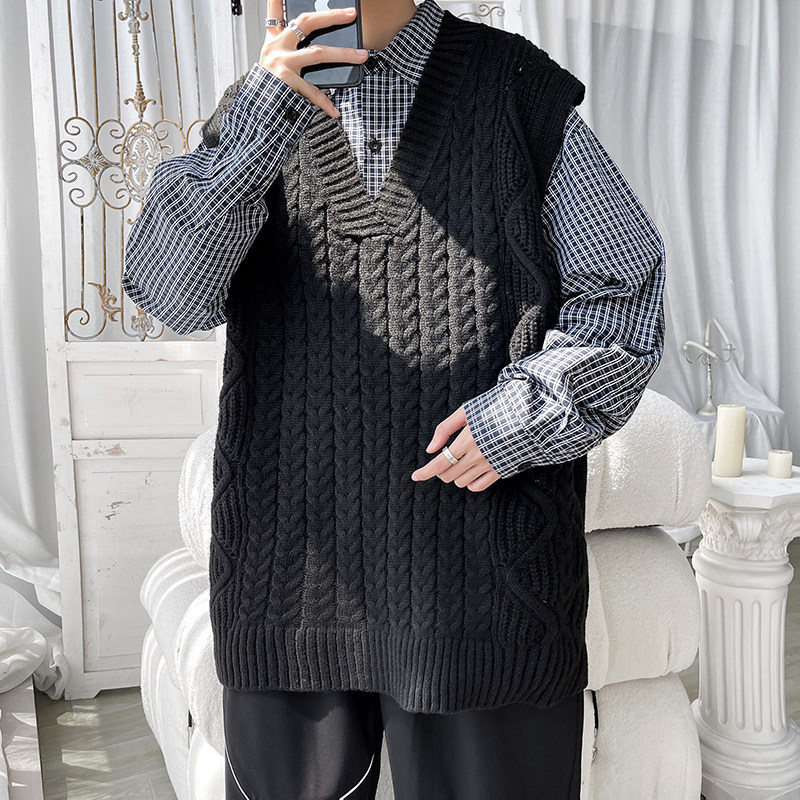 2025男装秋冬新款港风宽松麻花休闲背心马甲纯色针织衫DM179-P50图片