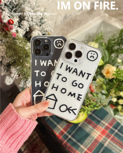 自制韩国ins卡通小众黑白英文字母回家休息iPhone14plus15pro13promax适用于苹果12pro11情侣透明手机壳软16