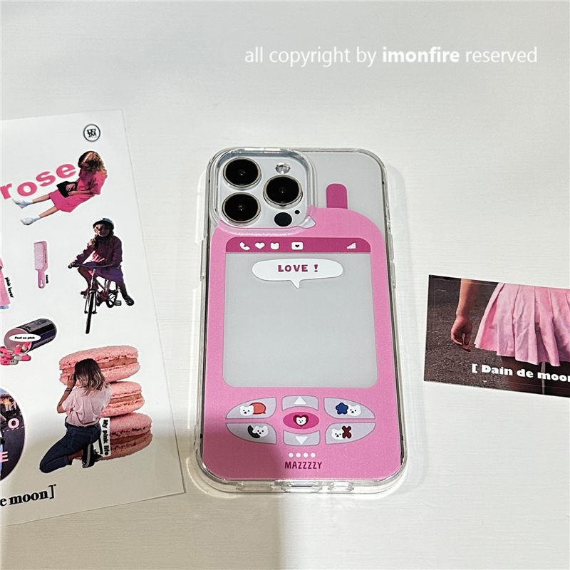 ins粉色可放照片小熊电话透明壳