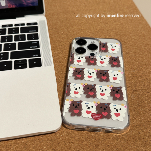 自制韩国ins卡通可爱复古爱心棕色白色小熊iPhone12mini13pro14plus15透明全包可挂绳手机壳适用于苹果16pro