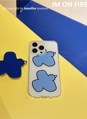 自制韩国ins新款卡通可爱小众涂鸦蓝色小鸟气囊支架iPhone15pro14plus13promax12xs17透明手机壳可挂绳16