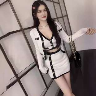 外套吊带背心女春季 针织开衫 包臀半身裙三件套 长袖 小香风名媛套装