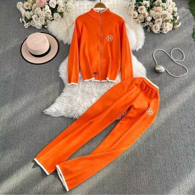 春秋新款拉链毛衣开衫外套女刺绣针织衫长袖上衣两件套高腰阔腿裤