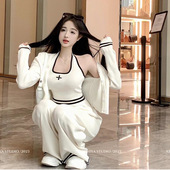长裤 十字架拼色背心开衫 三件套 休闲时尚 温柔系网红炸街针织套装