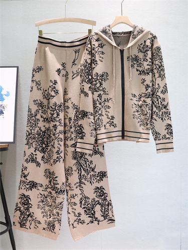 欧洲站小香风时尚针织套装女2025春秋连帽毛衣减龄阔腿裤两件套潮