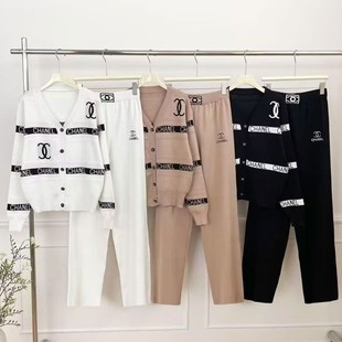 2025春秋新女小香风宽松字母提花针织毛衣开衫上衣阔腿裤两件套装