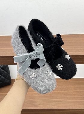 小香风加绒毛毛水钻玛丽珍鞋女一字扣秋冬新款内增高豆豆鞋晚晚鞋