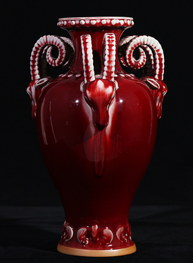 景德镇陶瓷器郎红窑变开片钧瓷三阳开泰客厅摆件三羊樽家居装饰品