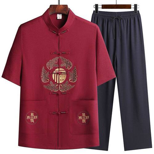 唐装男冰丝短袖套装夏季薄款中国风爷爷宽松衣服中老年人爸爸夏装