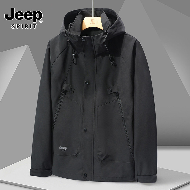 JEEP SPIRIT新款男士时尚单层冲锋夹克连帽休闲防风男装风衣外套