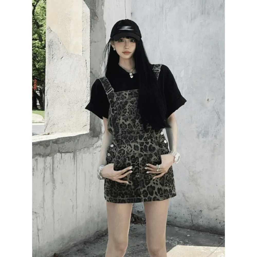 2026美式豹纹牛仔背带装连衣休闲裤
