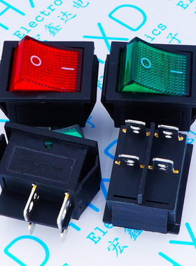 31x25mm KCD4-201 4P船型开关 4脚2档 带灯 16A 250V 红色/绿色