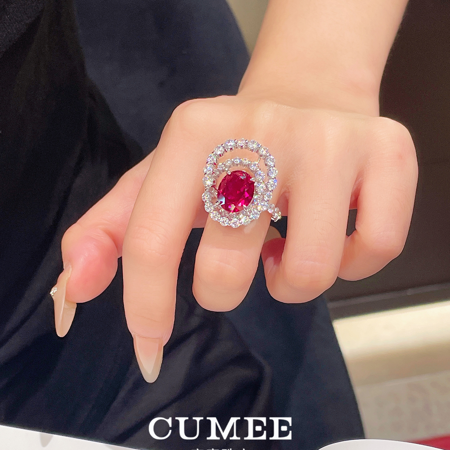 大牌设计款时尚系列鸽血红色培育合成红宝石戒指.银镀金