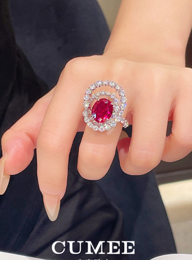 鸽血红培育合成红宝石银镀金戒指