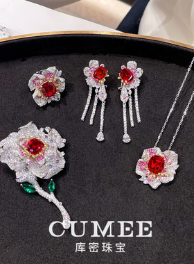 CUMEE牡丹花红宝石银镀金胸针