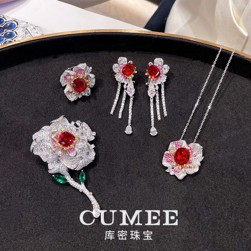 CUMEE牡丹花红宝石银镀金胸针