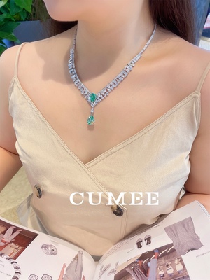 CUMEE.新款设计款潮流高级项链满镶培育合成帕拉伊巴色项链银镀金