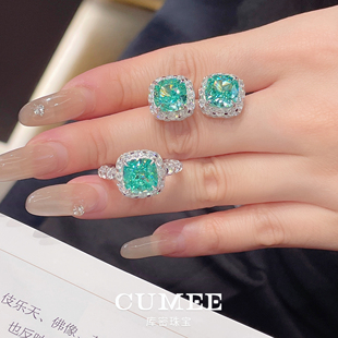 小馒头时尚轻奢公主方款帕人工拉伊帕色戒指耳钉套装.银镀金