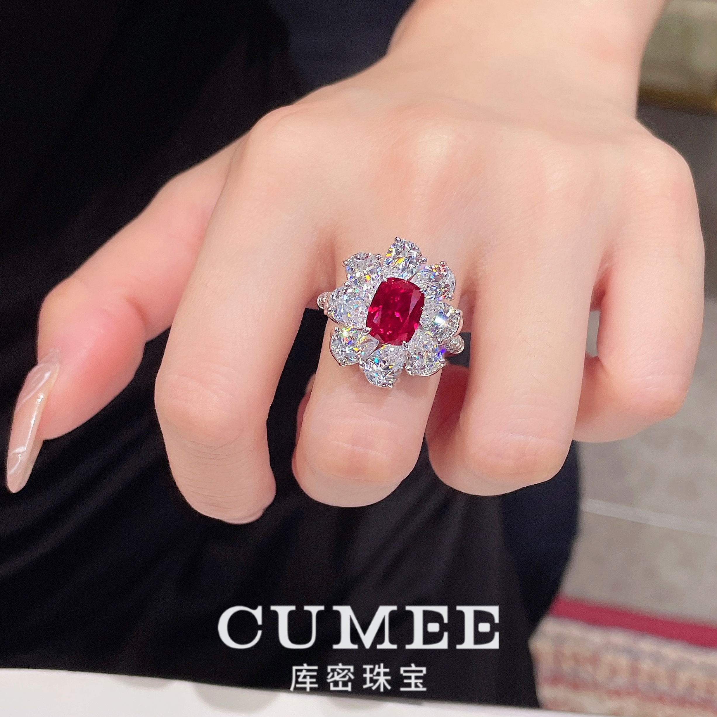 CUMEE 超闪鸽血红女戒 欧美大牌设计款培育合成红宝石戒指.银镀金