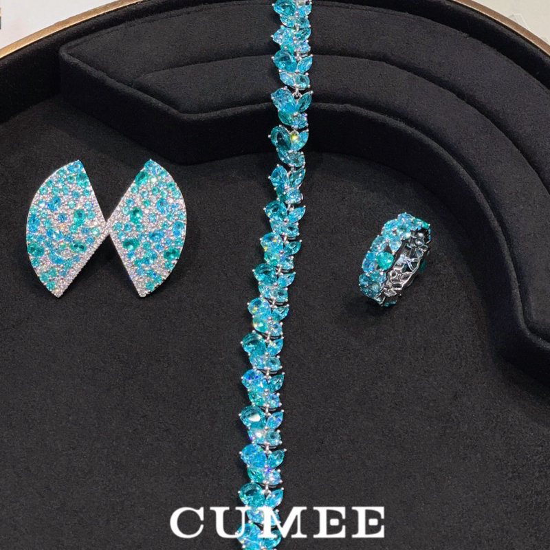 CUMEE 夏日百搭 轻奢百搭款个性设计人工海蓝宝色宝石套装.银镀金