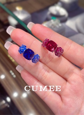 高定设计师款奢华系列红蓝色培育合成宝石女款戒指.银镀金