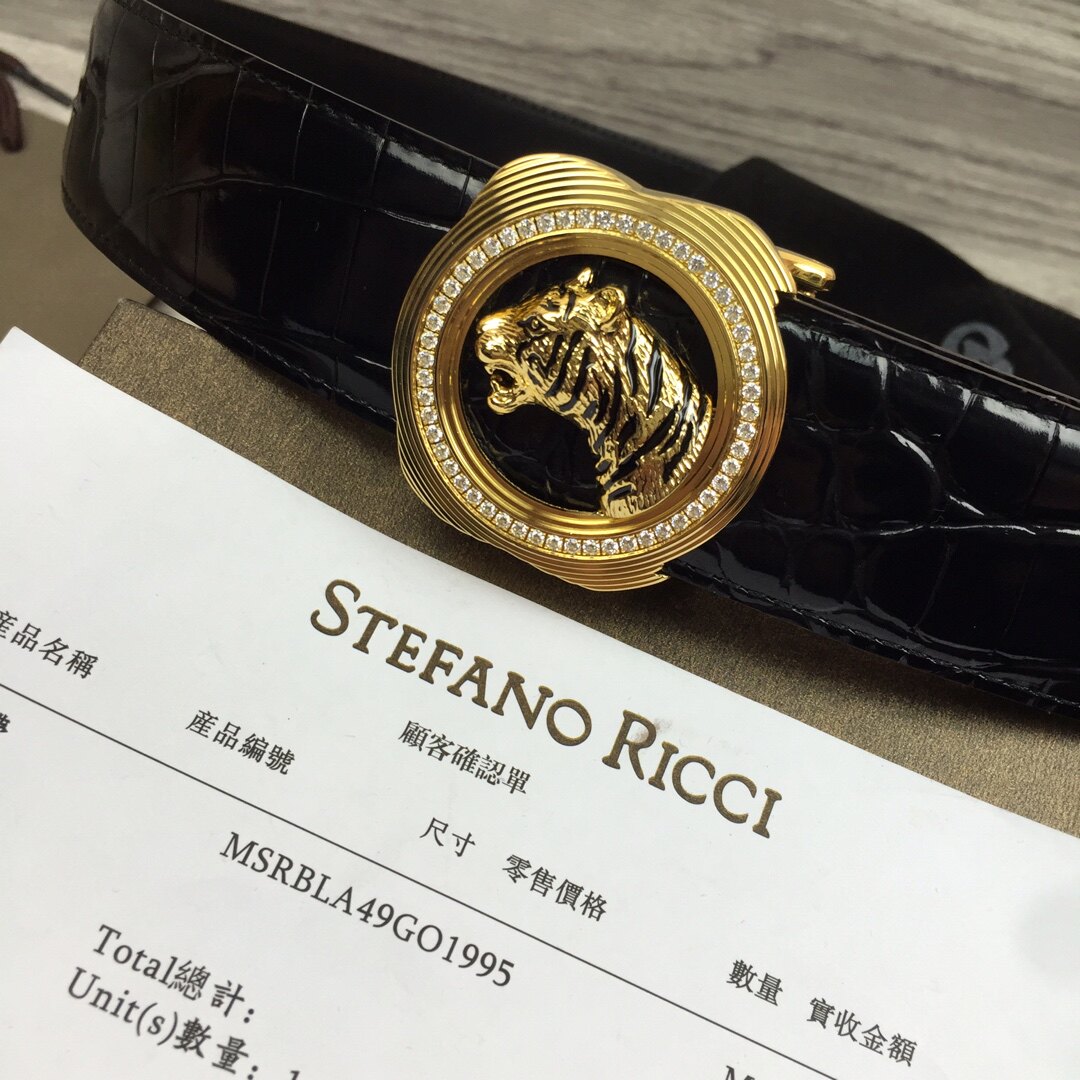 史蒂芬皮带男 表盘镶钻虎头男士头层牛皮鳄鱼纹不锈钢扣腰带3.8cm