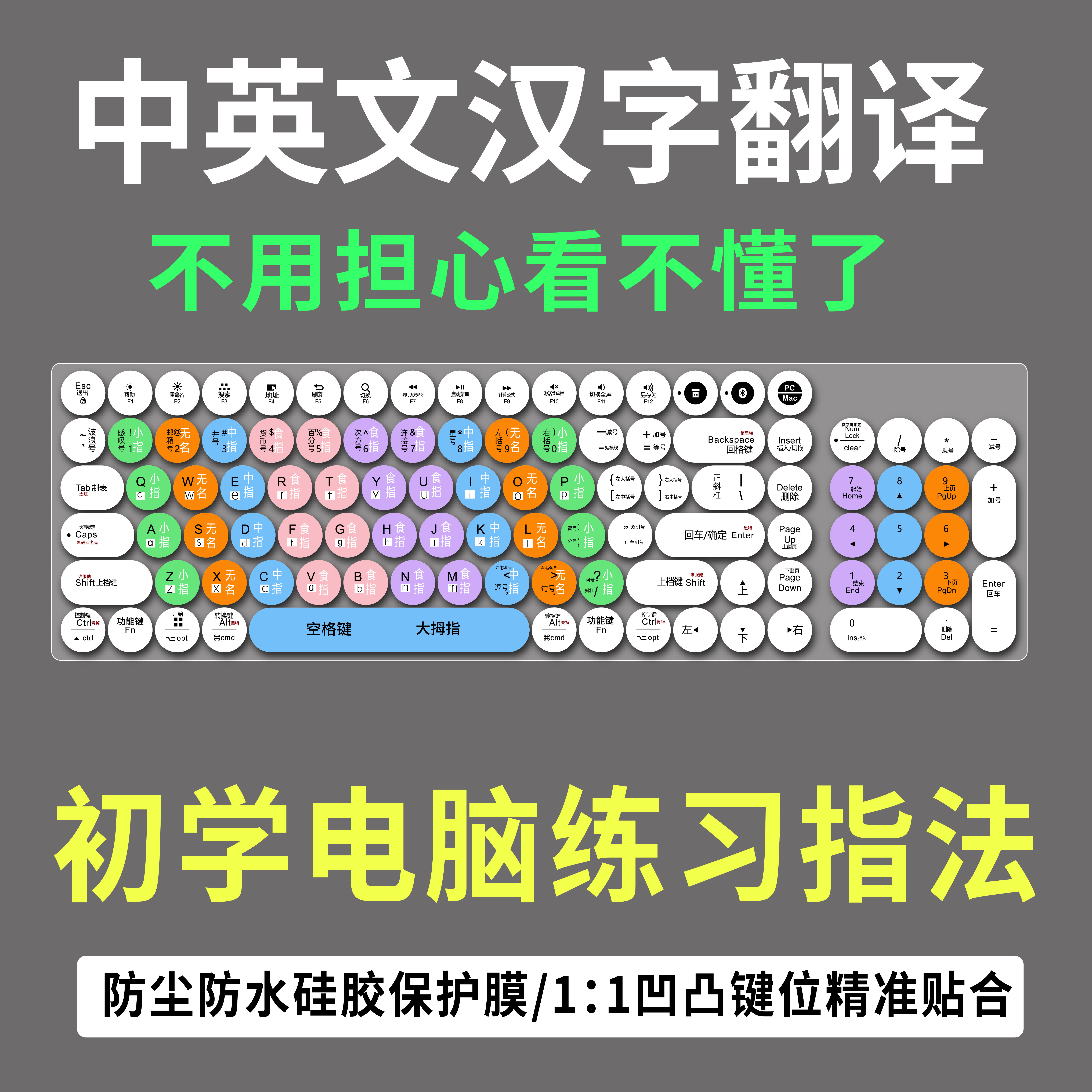 适用米物台式MWBK01圆键盘膜中英文汉字翻译初学电脑手指法训练垫