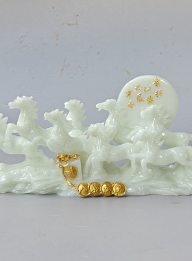 批发仿 玉石八骏马大展宏图摆件 树脂夜光八马家居办公摆件工艺品