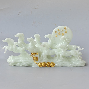 批发仿 玉石八骏马大展宏图摆件 树脂夜光八马家居办公摆件工艺品