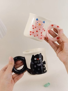 卡通可爱手绘猫咪马克杯家用儿童萌趣牛奶杯早餐杯少女粉墨陶瓷杯