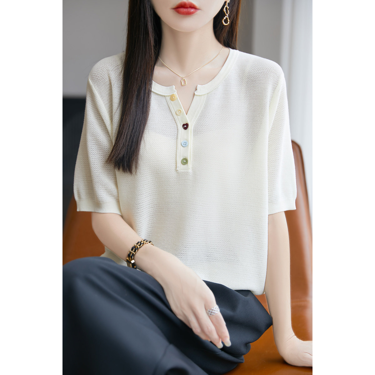 2025新款夏季天丝针织短袖女设计感小众上衣条纹t恤女款YD490