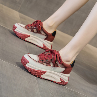 复古轻便内增高休闲运动鞋 2025新款 厚底7cm 皮面镂空女夏季 老爹鞋