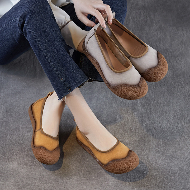 2025年春夏新款真皮文艺平底浅口软底妈妈一脚蹬懒人单鞋豆豆鞋女,女鞋,时尚休闲鞋,淘宝优惠券,粉丝福利购,淘宝优惠卷