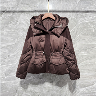 高端女装冬新款短款肩拼毛呢加厚鹅绒服小个子茧型羽绒服外套保暖