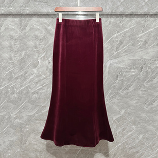 冬季厚款半身裙酒红色半身长裙显瘦金丝绒鱼尾裙加绒加厚丝绒半裙