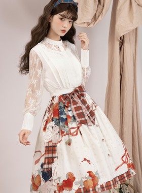 【林檎与花】SK原创印花春秋蝴蝶结通勤女士中长裙半裙A字裙